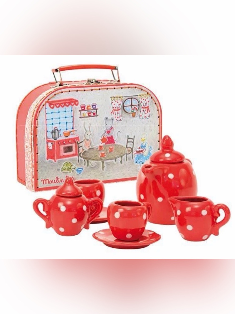 Moulin Roty - Red Polka Dot Mini Tea Set for Kids - 9-Piece